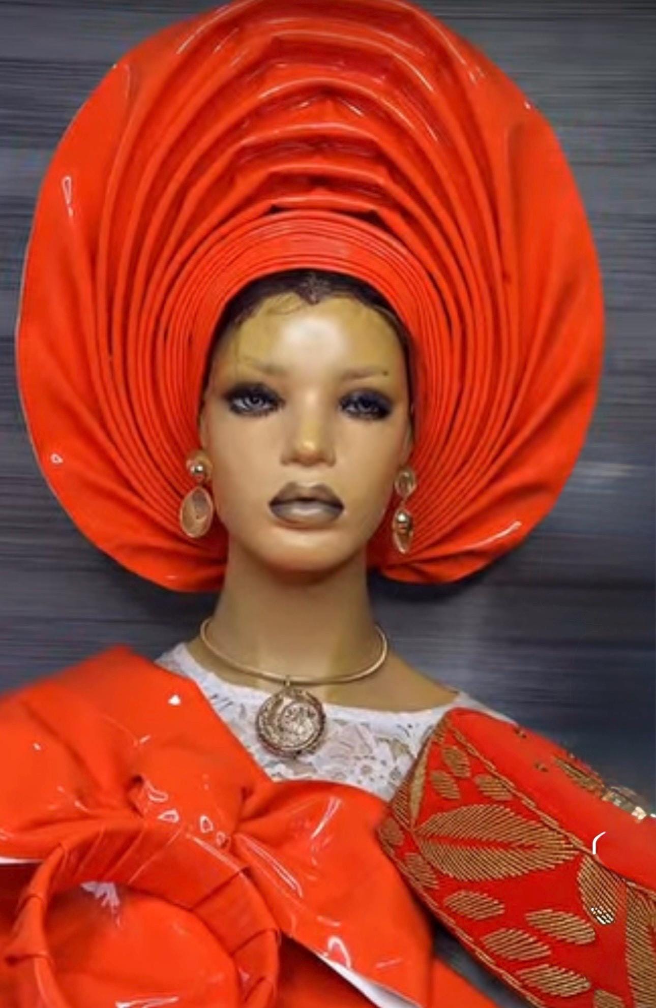 Orange Designer Hat - Rare Elegant Classy One Of A Kind Hand Made Auto Gele MOST REALISTIC ROUND AUTO GELE - Multi-pleats Automated  main image 3