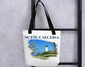 North Carolina Tote Bag Lighthouse Coastal Floral Scenic Canvas Aesthetic Travel Gift Reusable Beach Nature Design