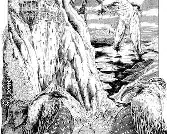 May include: Black and white illustration of a large, skeletal figure standing in a body of water. The figure is surrounded by a rocky landscape and a tall, intricate building. The moon is visible in the sky.