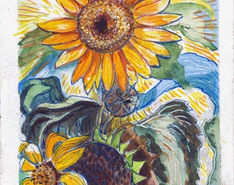 May include: Watercolor painting of two sunflowers with yellow petals and brown centers. The sunflowers are surrounded by green leaves and a blue and white background. The painting is signed "SUNFLOWER © KIRA M. 2015."