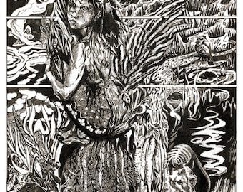 May include: Black and white illustration of a woman with long hair standing in a forest. She is wearing a long dress and has a bird perched on her shoulder. The background is filled with trees and foliage.