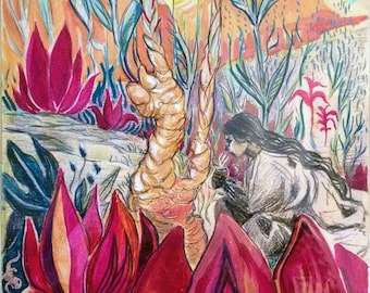 May include: A watercolor painting of a woman in a white robe sitting in a jungle setting. She is surrounded by lush green plants and flowers, including large pink flowers with intricate details. The background features a bright orange sky with a yellow sun.