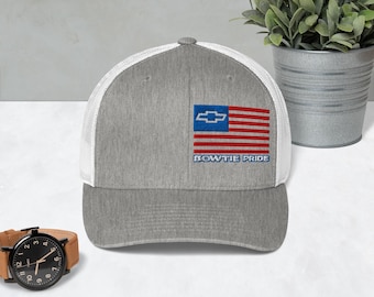 Chevy Bowtie Snapback Trucker Cap: Patriotic USA Flag Design