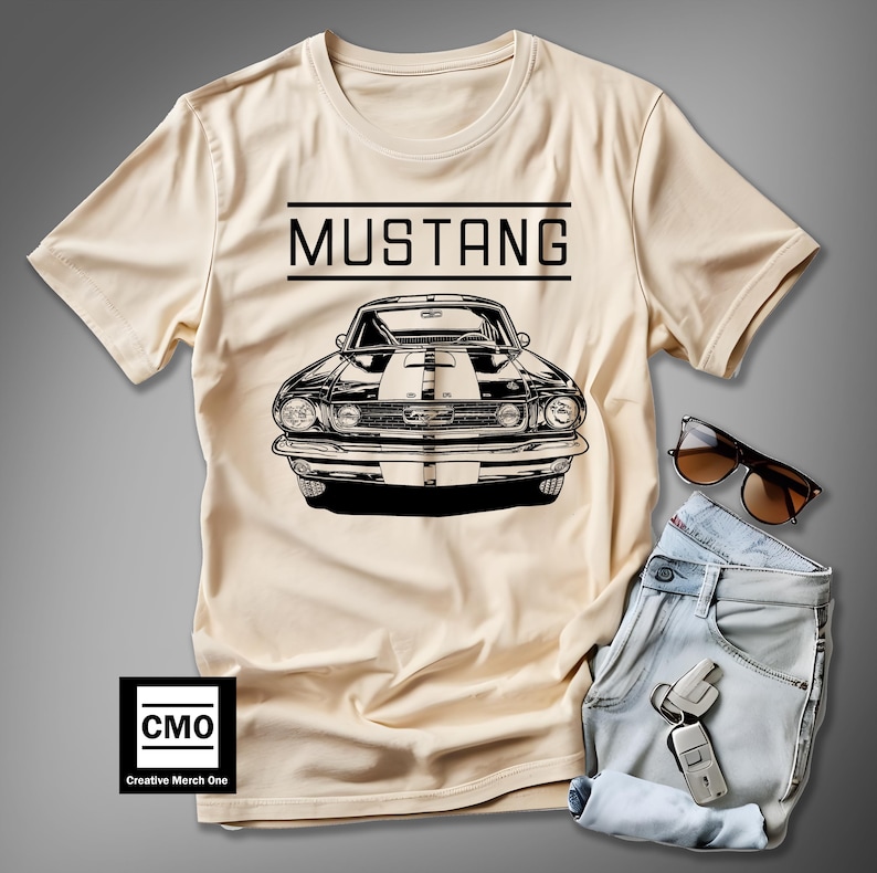 Vintage Ford Mustang T-shirt exuding a retro vibe, perfect for car enthusiasts and vintage lovers. This unisex T-shirt, made from 100% ring-spun cotton, offers a lightweight and comfortable fit for all-year wear. With a classic crew neckline and vers