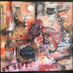 Amour Rebel contemporary abstract acrylic post expressionist contemporary oil painting mixed media collage signed & framed 24” x 24”