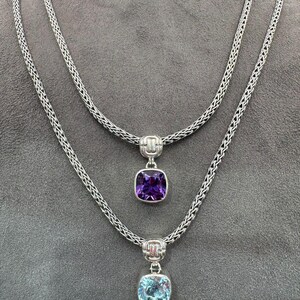925 Sterling Silver Necklace with Amethyst and Blue Topaz Pendants - 17 Inch Wheat Chain
