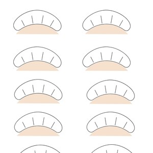 May include: A worksheet with the title "&Uuml;bungsbl&auml;tter Schema" and ten illustrations of eyelash extensions. Each illustration shows a different shape and style of eyelash extension.