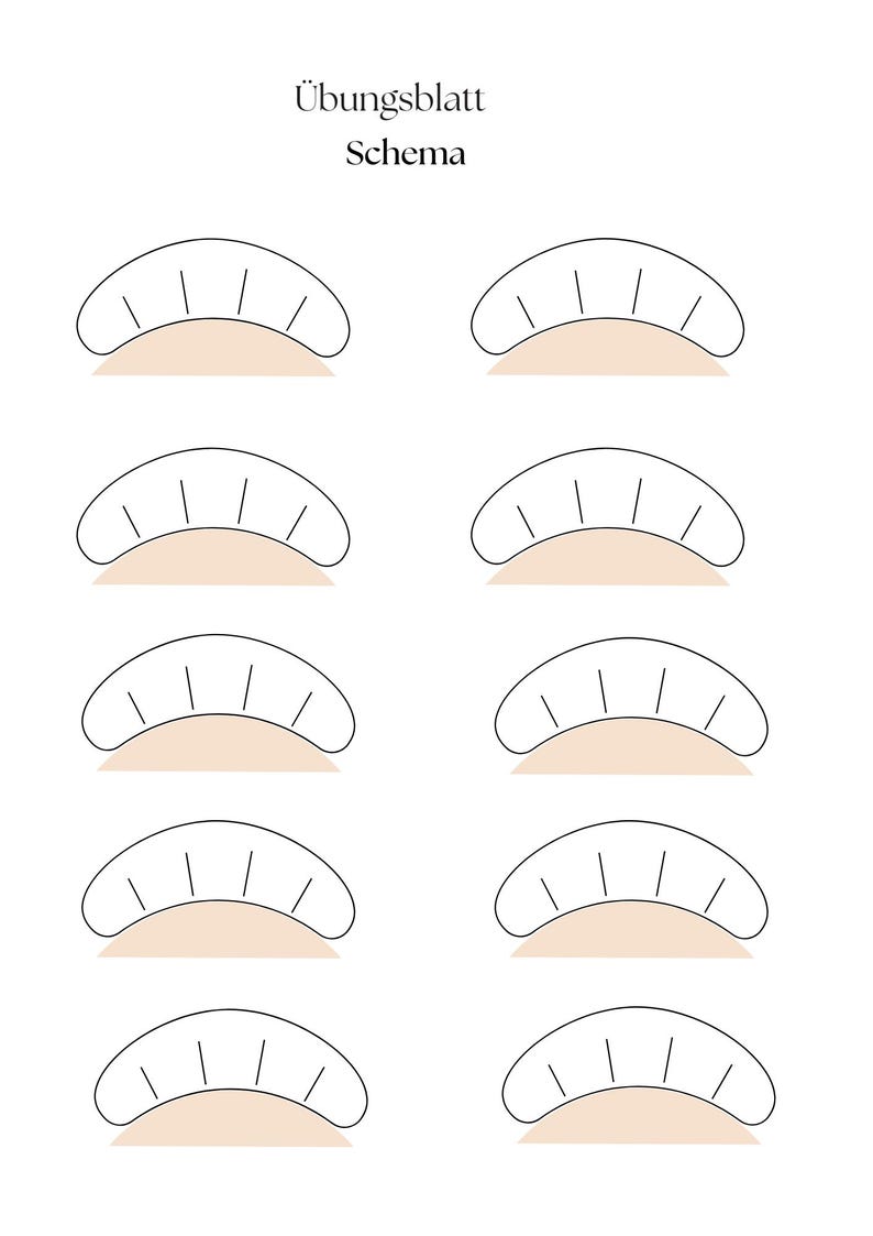 May include: A worksheet with the title "&Uuml;bungsbl&auml;tter Schema" and ten illustrations of eyelash extensions. Each illustration shows a different shape and style of eyelash extension.