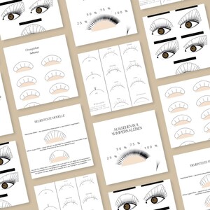 May include: A set of six cards with diagrams showing different lash application styles. The cards are labeled with the German words "Chungsblar Schema", "Beliebteste Modelle", "Aussehen in % Wimpern Kleben", and "Beliebteste Modelle".