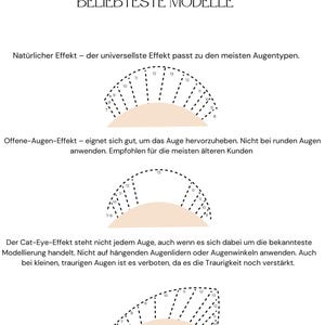 May include: Diagram showing three different eyelash application techniques: natural, open-eye, and cat-eye. Each technique is illustrated with a black and white diagram of an eye with a dashed line showing the lash placement.