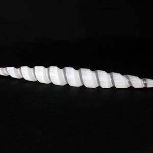May include: A white, spiraled, horn-shaped object against a black background. The object has a pointed tip on both ends and a series of ridges along its length. The overall shape is elongated and symmetrical.
