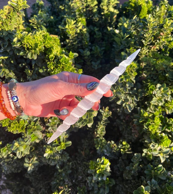 Spiral Selenite Wand Double Sided Point Dagger Energy Work Natural from Morocco