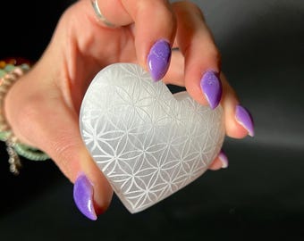 Selenite Heart: Flower of Life Sacred Geometry, Moroccan Healing Crystal