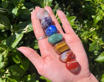 Chakra Stone Set and Hamsa Carrying Bag Tumbled Natural Crystals Meditation Spiritual Healing