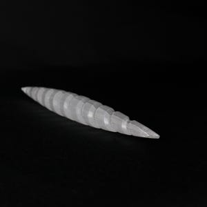 May include: A white, segmented, tapered object, possibly a sculpture or decorative item, against a black background. The object has a series of rounded, ridged segments that narrow to a point. The lighting creates highlights and shadows, emphasizing the texture.