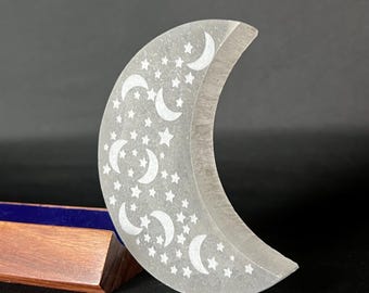 Selenite Crescent Moon Charging Plate: Etched Stars, Ethically Sourced