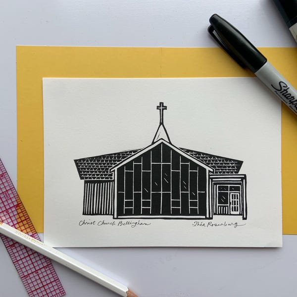 Christ Church Bellingham Linocut Print: Bellingham WA Art (5x7)