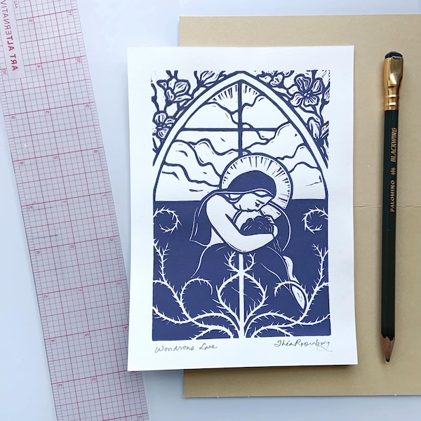 Amor maravilloso: Impresión linográfica: Pascua, Cuaresma, arte bíblico (5x7)