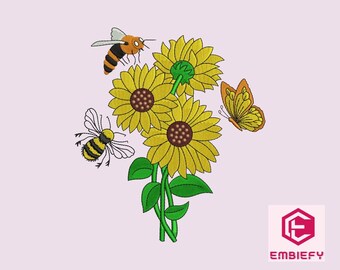 Sonnenblume & Bienen Stickmuster: Sommer Floral Maschinendatei (Instant Download)