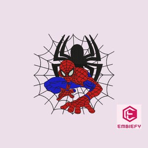 May include: Embroidered design featuring Spider-Man in a dynamic pose, with a red and blue suit, set against a black spider and web background. The design is on a light pink background, with the Embieify logo in the bottom right corner.