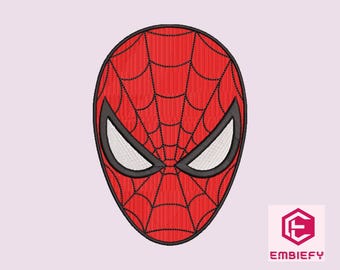 Può includere: Maschera di Spider-Man rossa ricamata con dettagli di ragnatela nera e forme di occhi bianchi. La maschera è delineata in nero. Il logo Embieify si trova nell'angolo in basso a destra.