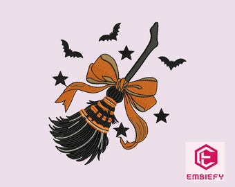 Witch Broom Embroidery Design: Halloween Bats & Stars (Instant Download)
