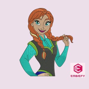May include: An embroidered design of a cartoon character with long red hair in braids, wearing a blue and green outfit. The character is smiling and holding a braid of hair.