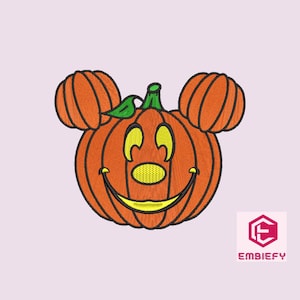 May include: Embroidered orange pumpkin with Mickey Mouse ears, a green stem, and a smiling face. The pumpkin has a yellow nose and a wide, curved mouth. The design is on a light purple background.