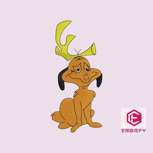Könnte beinhalten: Gesticktes Design eines Zeichentrickcharakters mit einem gelben, geweihartigen Kopfschmuck, schwarzen Ohren und einem traurigen Gesichtsausdruck. Die Figur sitzt mit verschränkten Beinen. Das Design ist in Orange- und Gelbtönen gehalten.