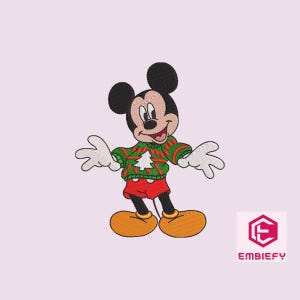 May include: Mickey Mouse embroidered design wearing a green and red Christmas sweater with a white Christmas tree. Mickey is wearing red shorts, yellow shoes, and white gloves. The design is on a light pink background.
