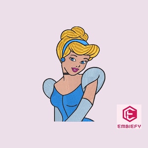 Puede incluir: Una ilustración de dibujos animados de Cenicienta, una princesa de Disney, con cabello rubio, un vestido azul y una diadema azul. Ella está mirando hacia la derecha de la imagen.
