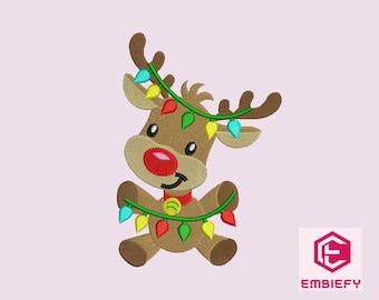 Christmas Reindeer with Lights Embroidery Design (Digital Download)