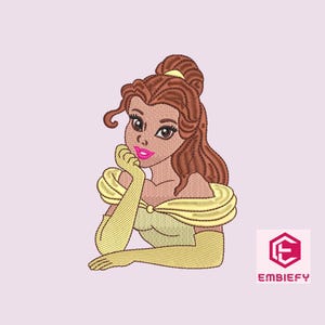 May include: Embroidered design of Belle from Beauty and the Beast. She is wearing a yellow dress with a brown updo and has a soft smile.