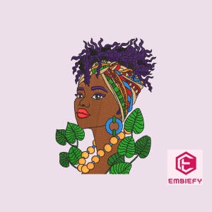 Pode incluir: Desenho bordado de uma mulher com cabelo roxo, usando um turbante colorido e um colar de contas. Ela tem folhas verdes atrás dela e está olhando para a direita.