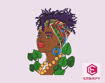 Afro Woman Embroidery Design: Headwrap & Jewelry (Machine Files)