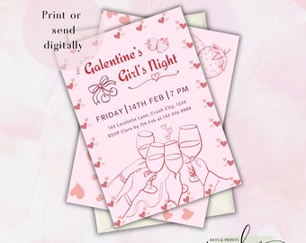 Söta Galentines-flickor, festkväll, alla hjärtans dag-inbjudan, redigerbar Canva-mall, utskrivbara middagscocktails, rosa röda hjärtan, kärlek