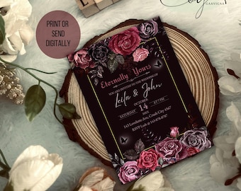 May include: A dark wedding invitation with floral accents, featuring the text "Eternally Yours" and details for Leila & John's wedding. The invitation is surrounded by roses in shades of pink, purple, and black. The words "Print or Send Digitally" are also visible.