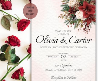 May include: Wedding invitation with floral accents. The invitation features the names "Olivia & Carter" in elegant script, along with the wedding date and time. The design includes a floral arrangement with red and white flowers.