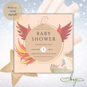 May include: A pink baby shower invitation with a gold circle and a baby carriage with a unicorn inside. The text reads "Please join us for a Baby Shower Honoring Annie Smith Sunday 3PM 3 March 555 Blvd Greeting, Lovely Town, QC, H2A 2Z6 Please RSVP to Sabi at 123-555-5544"