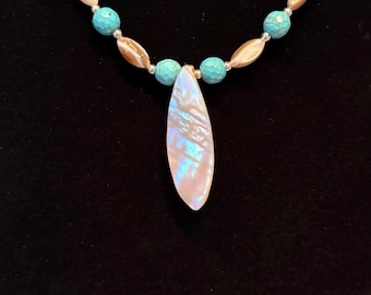 Turquoise & Shell Necklace Set | Mother of Pearl Pendant | Coastal Jewelry | Silver Spacer Beads | Handmade Beach Gift for Her