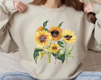 Sunflowers with Sunglasses Crewneck, Gift for Garden Lovers, Boho Sunflower Lover Sweatshirt, Botanical Floral Sweater Pullover Gift for her