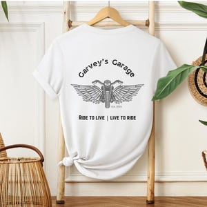 Garvey&#39;s Garage Graphic t-shirt, Vintage Motorcycle Tee, Ride to Live Live to Ride Shirt, Biker Gift, cool Motorcycle Apparel, Gift for Him