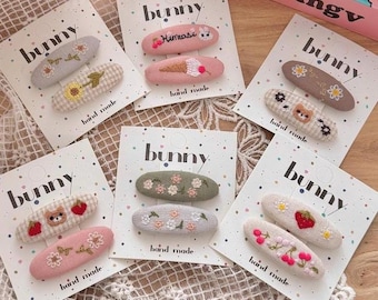 MerryRibbon Handmade Embroidered BB Hair Clips, Japanese Mori Girl Aesthetic, Cute Bear, Ice Cream, Flowers, Vintage-Inspired Gift Set