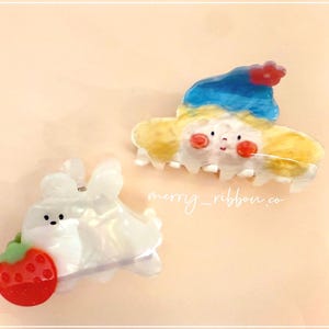 MerryRibbon Handmade Hand-Painted Style Acetate Hair Claws,Cute Bunny with Strawberry & Cartoon girl, Lightweight Pastel Clip, eco friendly