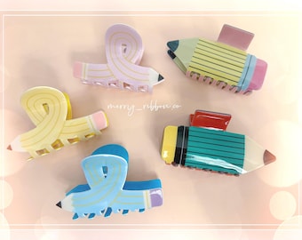 MerryRibbon Handmade Back to School Pencil Hair Claw Clip, Cute Acrylic Writing Tools Hair Accessory, Pastel & Retro Design, Daily Funny