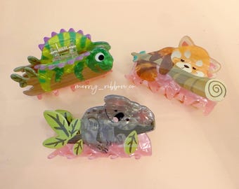 Pinzas para el pelo MerryRibbon de acetato, hechas a mano, con diseño de animales del bosque durmiente (koala, mapache y camaleón). Accesorios ecológicos y duraderos.