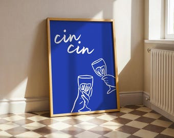Lámina de champán Cin Cin, arte de pared minimalista azul, dibujo lineal de brindis, decoración para carrito de bar