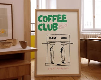 Ilustración dibujada a mano de un club de café, máquina de espresso, descarga digital, decoración de pared divertida y original para la cocina.