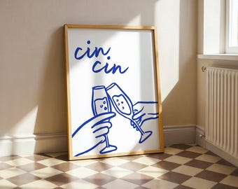 Lámina minimalista de Cin Cin, ilustración de brindis con champán, arte moderno para cocina o bar (descarga digital)