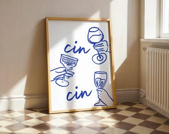 Lámina decorativa de cóctel para pared, dibujo lineal de "Cin Cin Cheers", póster minimalista para carrito de bar.
